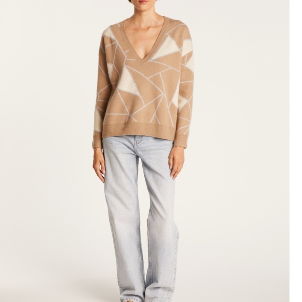 Maison Montagut Felixa 100% Cashmere V-Neck Sweater Geometric Intarsia Tan Sz S
